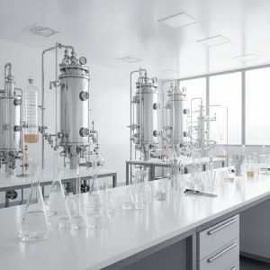 Laboratório industrial com reatores de inox e vidraria química usados na fabricação de tensoativos catiônicos para higiene in