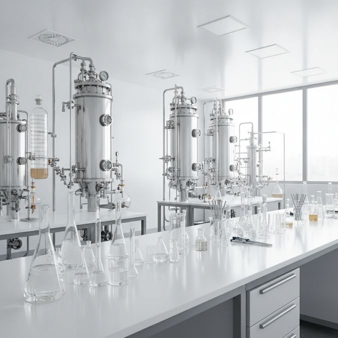 Laboratório industrial com reatores de inox e vidraria química usados na fabricação de tensoativos catiônicos para higiene in