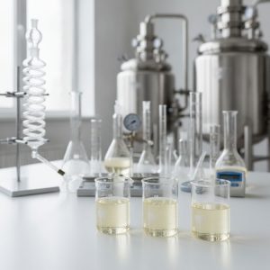 Bancada de laboratório industrial com béqueres de líquido viscoso e reatores de inox ao fundo, representando produção de amid