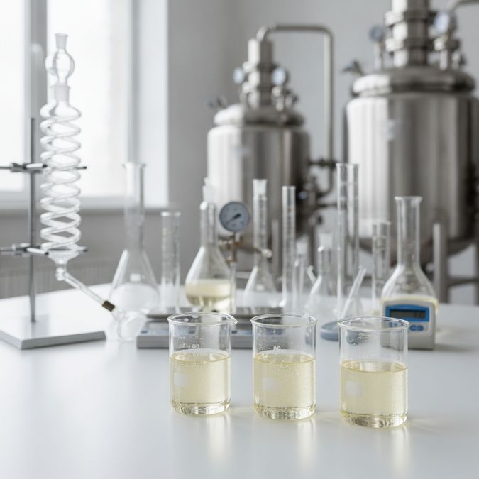 Bancada de laboratório industrial com béqueres de líquido viscoso e reatores de inox ao fundo, representando produção de amid