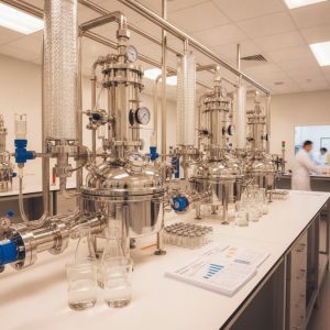 Reatores de inox e amostras em laboratório industrial para desenvolvimento de fórmula química sob medida