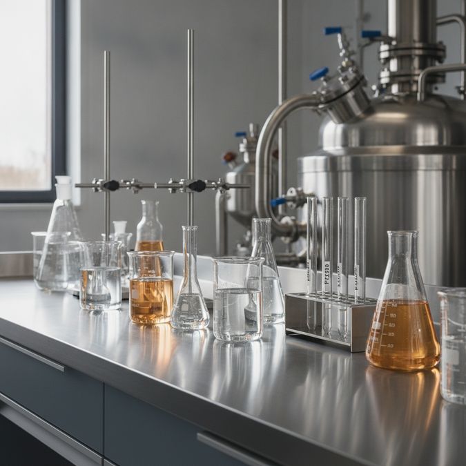 Bancada de laboratório industrial com béqueres de tensoativos e equipamentos de formulação de detergente industrial