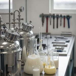 Laboratório industrial com reatores de inox e emulsões em béqueres, representando insumos para fluidos de corte industriais