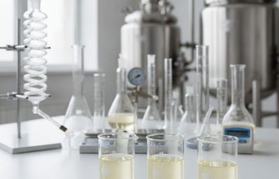Bancada de laboratório industrial com béqueres de líquido viscoso e reatores de inox ao fundo, representando produção de amid