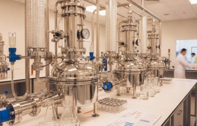 Reatores de inox e amostras em laboratório industrial para desenvolvimento de fórmula química sob medida