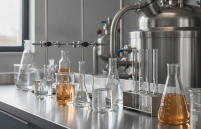 Bancada de laboratório industrial com béqueres de tensoativos e equipamentos de formulação de detergente industrial