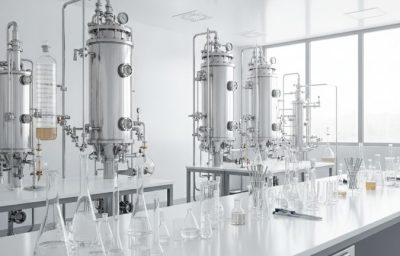 Laboratório industrial com reatores de inox e vidraria química usados na fabricação de tensoativos catiônicos para higiene in