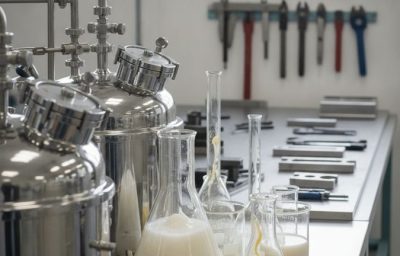 Laboratório industrial com reatores de inox e emulsões em béqueres, representando insumos para fluidos de corte industriais